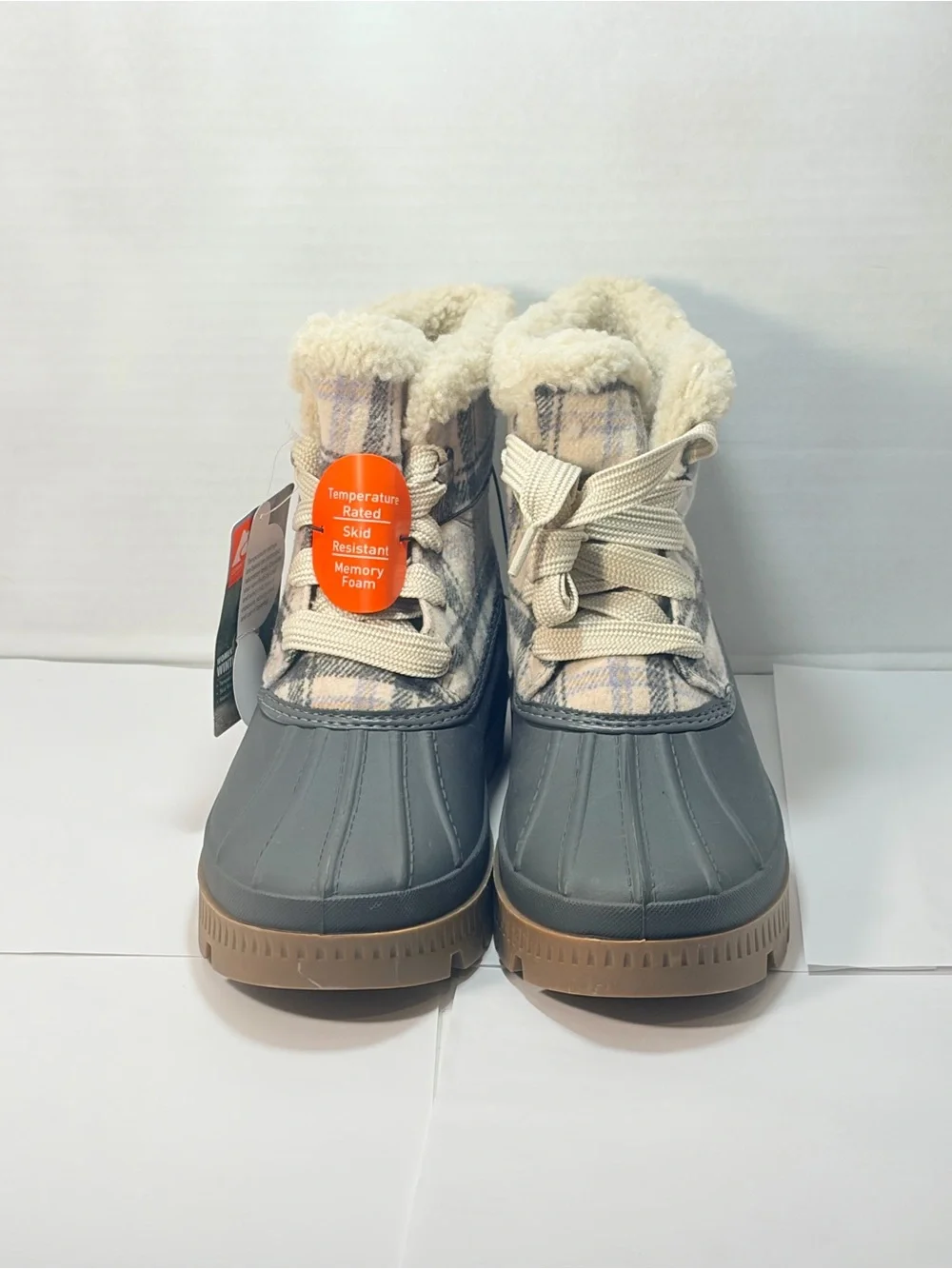 Ozark Trail Women's Plaid Faux Shearling Duck Boots in Gray and Tan